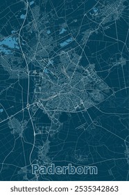 Map of Paderborn, Germany, rendered in a minimalist style. The map features a dark blue background with white lines representing roads and streets.