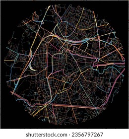 Map of Padua, Veneto with all major and minor roads, railways and waterways. Colorful line art on black background.