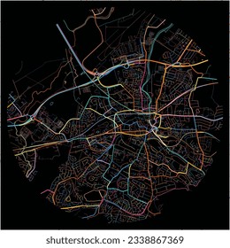 Map of Paisley, Renfrewshire with all major and minor roads, railways and waterways. Colorful line art on black background.