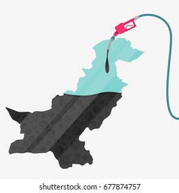 Map of Pakistan being fueled by oil. Gas pump fueled map. On the map there is glass reflection. Conceptual. Oil producing or importing countries.