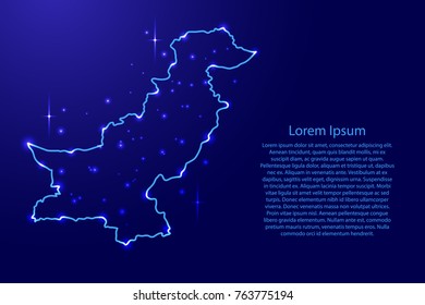 Map Pakistan from the contours network blue, luminous space stars for banner, poster, greeting card, of vector illustration