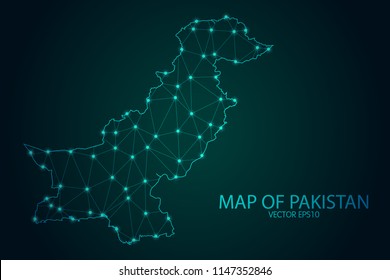 Map of Pakistan - With glowing point and lines scales on The Dark Gradient Background, 3D mesh polygonal network connections. Vector illustration eps10.