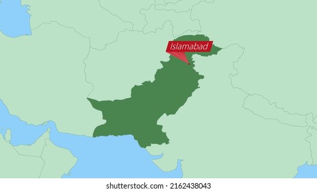Map of Pakistan with pin of country capital. Pakistan Map with neighboring countries in green color.