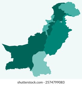 Map of Pakistan with regions. Just a simple country border map with region division. Teal color palette. Plain Islamic Republic of Pakistan shape with administrative division. Vector illustration.