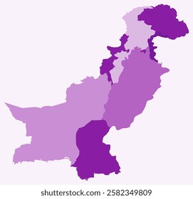 Map of Pakistan with regions. Just a simple country border map with region division. Purple color palette. Plain Islamic Republic of Pakistan shape with administrative division. Vector illustration.