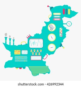 Map of Pakistan shaped machine. Cute apparatus with buttons, monitors and levers. Isolated. White background.