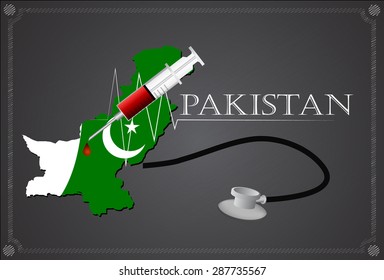 Map of pakistan with Stethoscope and syringe.