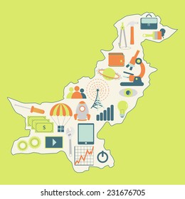 Map of Pakistan with technology icons. Contour map of Pakistan with icons of technology, business, science, communication