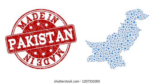 Map of Pakistan vector mosaic and Made In grunge stamp. Map of Pakistan created with blue engine connections. Made in red seal with grunge rubber texture.