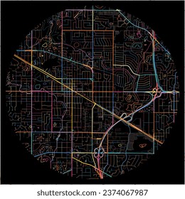 Map of Palatine, Illinois with all major and minor roads, railways and waterways. Colorful line art on black background.