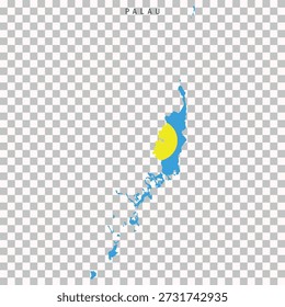 Map of Palau filled with national flag colors, isolated on transparent background. Political geography illustration for design, education, and travel projects.