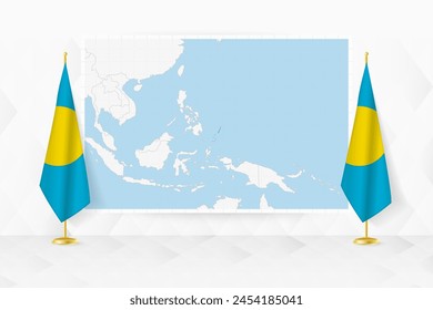 Map of Palau and flags of Palau on flag stand. Vector illustration for diplomacy meeting.