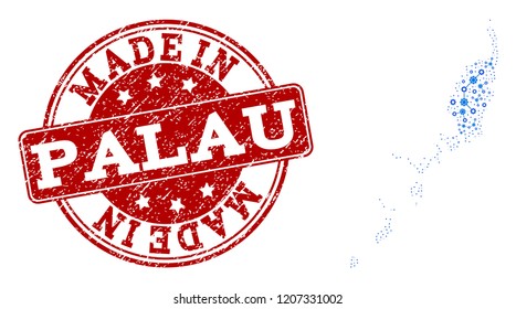 Map of Palau Islands vector mosaic and Made In grunge stamp. Map of Palau Islands formed with blue gear connections. Made in red seal with grunge rubber texture.