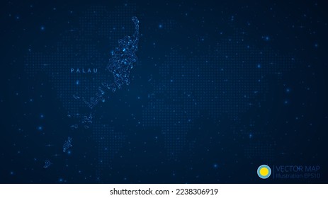 Map of Palau modern design with polygonal shapes on dark blue background. Business wireframe mesh spheres from flying debris. Blue structure style vector illustration concept.