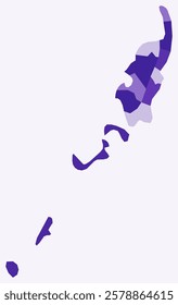 Map of Palau with regions. Just a simple country border map with region division. Deep purple color palette. Plain Republic of Palau shape with administrative division. Vector illustration.