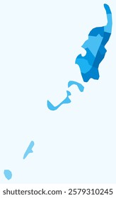 Map of Palau with regions. Just a simple country border map with region division. Light blue color palette. Blank Republic of Palau shape with administrative division. Vector illustration.