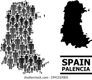 Map of Palencia Province for social promotion. Vector demographics collage. Pattern map of Palencia Province done of social icons. Demographic scheme in dark grey color variations.