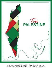 The map of Palestine, the dove of peace in the background, and the word “Free Palestine”