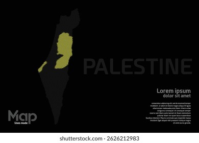 Mapa da Palestina com linhas geográficas amarelas, isoladas sobre um fundo preto. Perfeito para vários projetos de design
