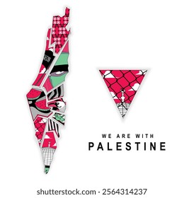 map of Palestine with fragments of images of symbols of the resistance of the Palestinian people in liberating the land of Palestine from colonialism. the background is made in two versions. black and