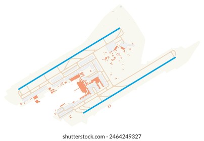 Karte von Palma de Mallorca Flughafen (Spanien). IATA-Code: PMI. Flughafenschema mit Start- und Landebahnen, Rollbahnen, Vorfeld, Parkplätzen und Gebäuden. Kartendaten von OpenStreetMap.