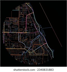 Map of PalmBay, Florida with all major and minor roads, railways and waterways. Colorful line art on black background.