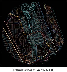 Map of PalmCoast, Florida with all major and minor roads, railways and waterways. Colorful line art on black background.