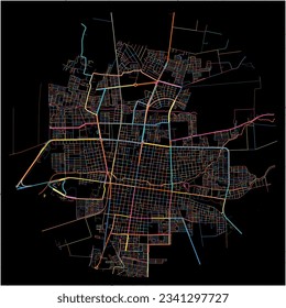 Map of Palmira with all major and minor roads, railways and waterways. Colorful line art on black background.
