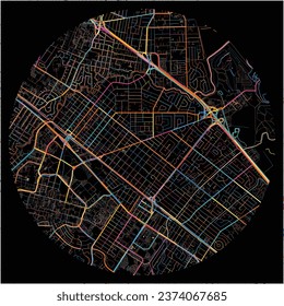 Map of PaloAlto, California with all major and minor roads, railways and waterways. Colorful line art on black background.