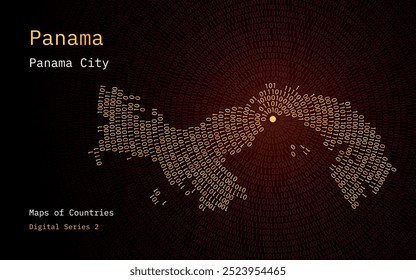 Un mapa de Panamá representado en ceros y unos en forma de círculo. La capital, Ciudad de Panamá, se muestra en el centro del círculo