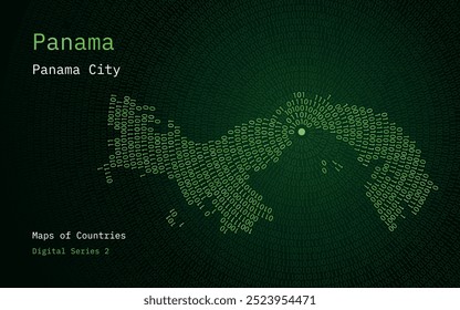 Un mapa de Panamá representado en ceros y unos en forma de círculo. La capital, Ciudad de Panamá, se muestra en el centro del círculo