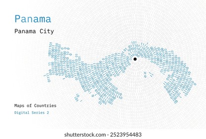 Un mapa de Panamá representado en ceros y unos en forma de círculo. La capital, Ciudad de Panamá, se muestra en el centro del círculo