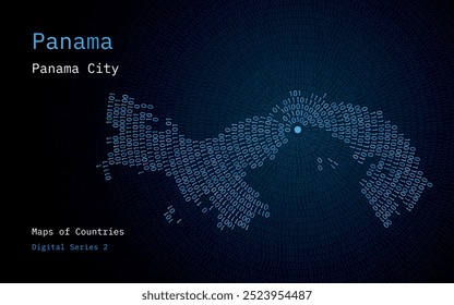 Un mapa de Panamá representado en ceros y unos en forma de círculo. La capital, Ciudad de Panamá, se muestra en el centro del círculo