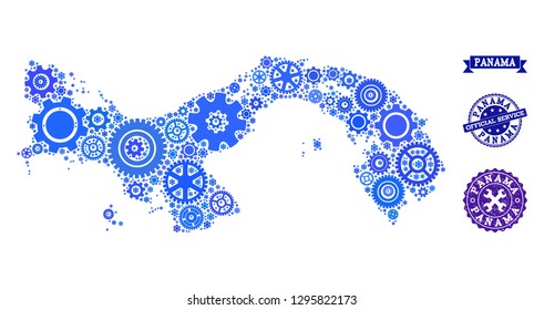 Map of Panama designed with blue wheel symbols, and isolated grunge watermarks for official repair services. Vector abstract mosaic of map of Panama with repair symbols in blue color tinges.