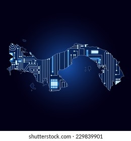 Map of Panama with electronic circuit. Contour map of Panama with a technological electronics circuit. 