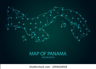 Map of Panama - With glowing point and lines scales on The Dark Gradient Background, 3D mesh polygonal network connections. Vector illustration eps10.