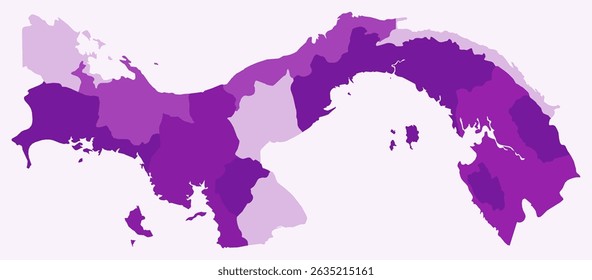 Mapa do Panamá com regiões. Apenas um simples mapa de fronteira de país com divisão de região. Paleta de cores roxas. Forma em branco da República do Panamá com divisão administrativa. Ilustração vetorial.