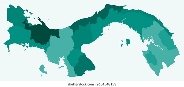 Mapa do Panamá com regiões. Apenas um simples mapa de fronteira de país com divisão de região. Paleta de cores azul-petróleo. Forma simples da República do Panamá com divisão administrativa. Ilustração vetorial.