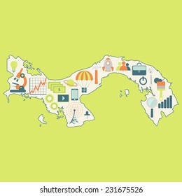 Map of Panama with technology icons. Contour map of Panama with icons of technology, business, science, communication
