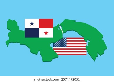 Map of Panama with USA and Panama flags on blue background. Panama Canal in white stroke. Concept of belonging. Vector illustration. 