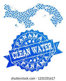 Map of Panama vector mosaic and clean water grunge stamp. Map of Panama designed with blue aqua tears. Seal with corroded rubber texture for clean drinking water.