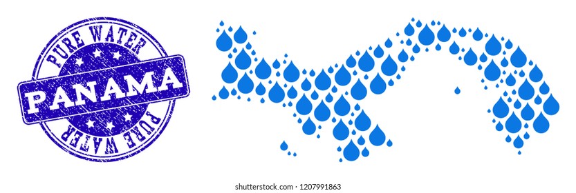 Map of Panama vector mosaic and Pure Water grunge stamp. Map of Panama formed with blue aqua dews. Seal with scratched rubber texture for pure drinking water.