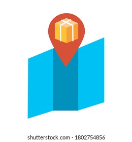 papel de mapa con línea de servicio de entrega de cajas de cartón y diseño de ilustraciones vectoriales de estilo de relleno