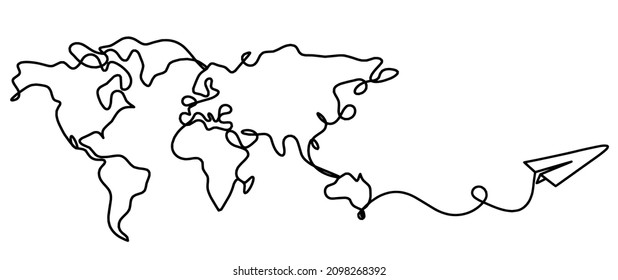 Map with paper plane as line drawing on white background. Vector