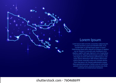 Map Papua New Guinea from the contours network blue, luminous space stars for banner, poster, greeting card, of vector illustration