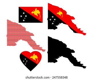 Map of Papua New Guinea and the different types of characters on a white background