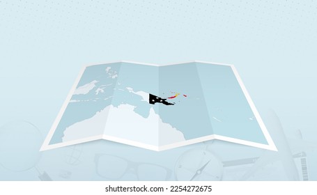 Mapa de Papúa Nueva Guinea con la bandera de Papúa Nueva Guinea en el contorno del mapa en un contexto abstracto de viaje. Ilustración de viaje.