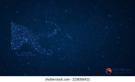 Map of Papua New Guinea modern design with polygonal shapes on dark blue background. Business wireframe mesh spheres from flying debris. Blue structure style vector illustration concept.