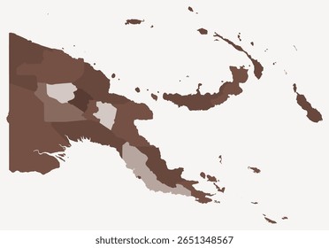 Mapa de Papua-Nova Guiné com regiões. Apenas um simples mapa de fronteira de país com divisão de região. Paleta de cores marrom. Papua Nova Guiné em branco com divisão administrativa. Ilustração vetorial.