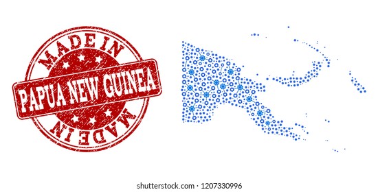 Map of Papua New Guinea vector mosaic and Made In grunge stamp. Map of Papua New Guinea designed with blue gear relations. Made in red seal with grunge rubber texture.